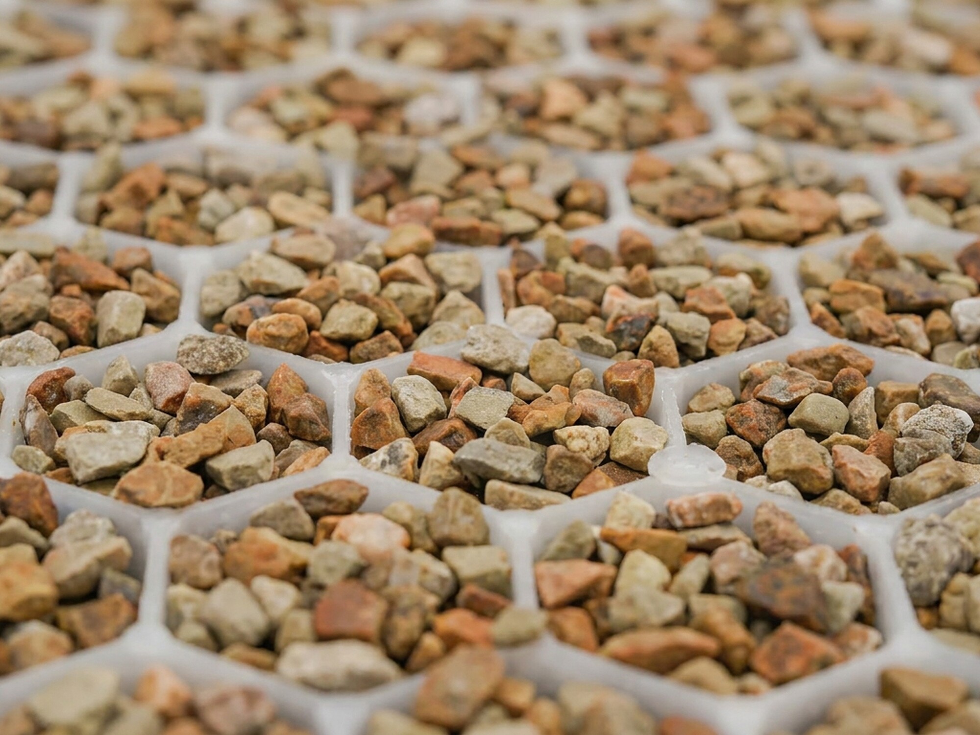 Close-up of small brown pebbles on a white hexagonal grid