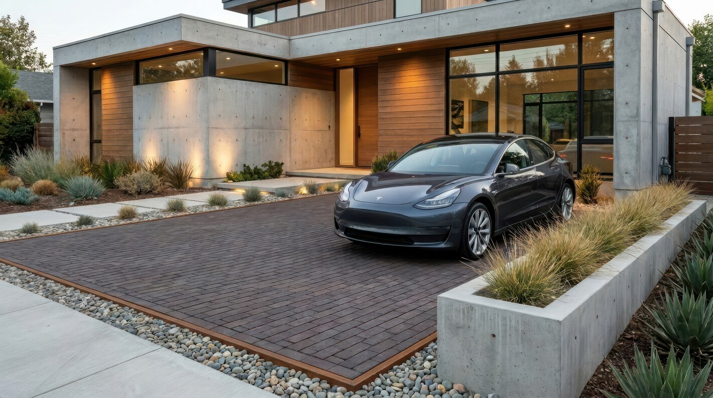 Black saloon car parked on the driveway by a modern house with large windows, twilight lighting
