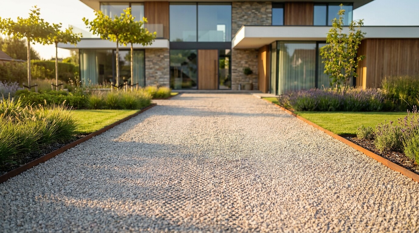 Moderne woning met brede grindoprit in warm avondlicht