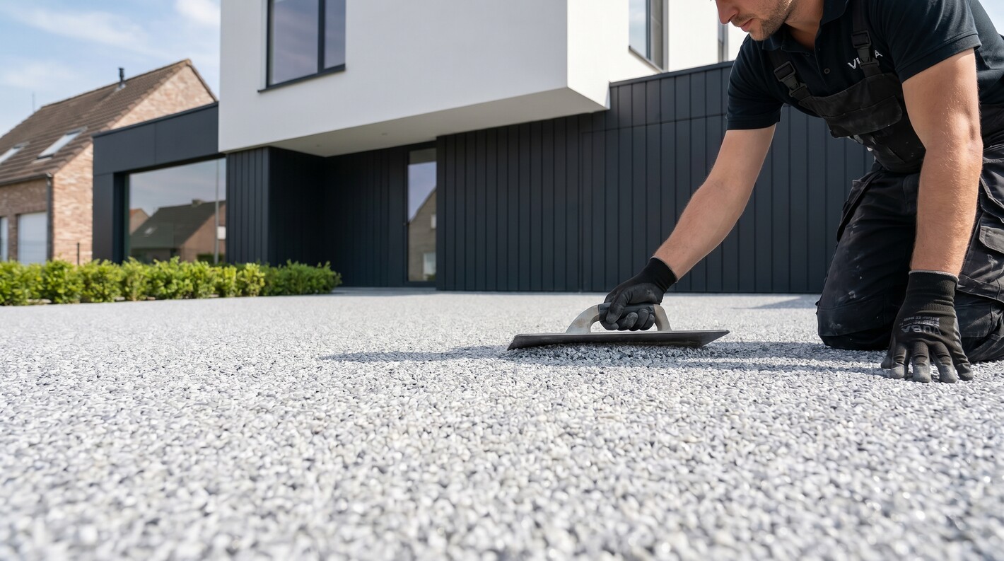 Worker kneeling and smoothing a gravel surface outside modern houses
