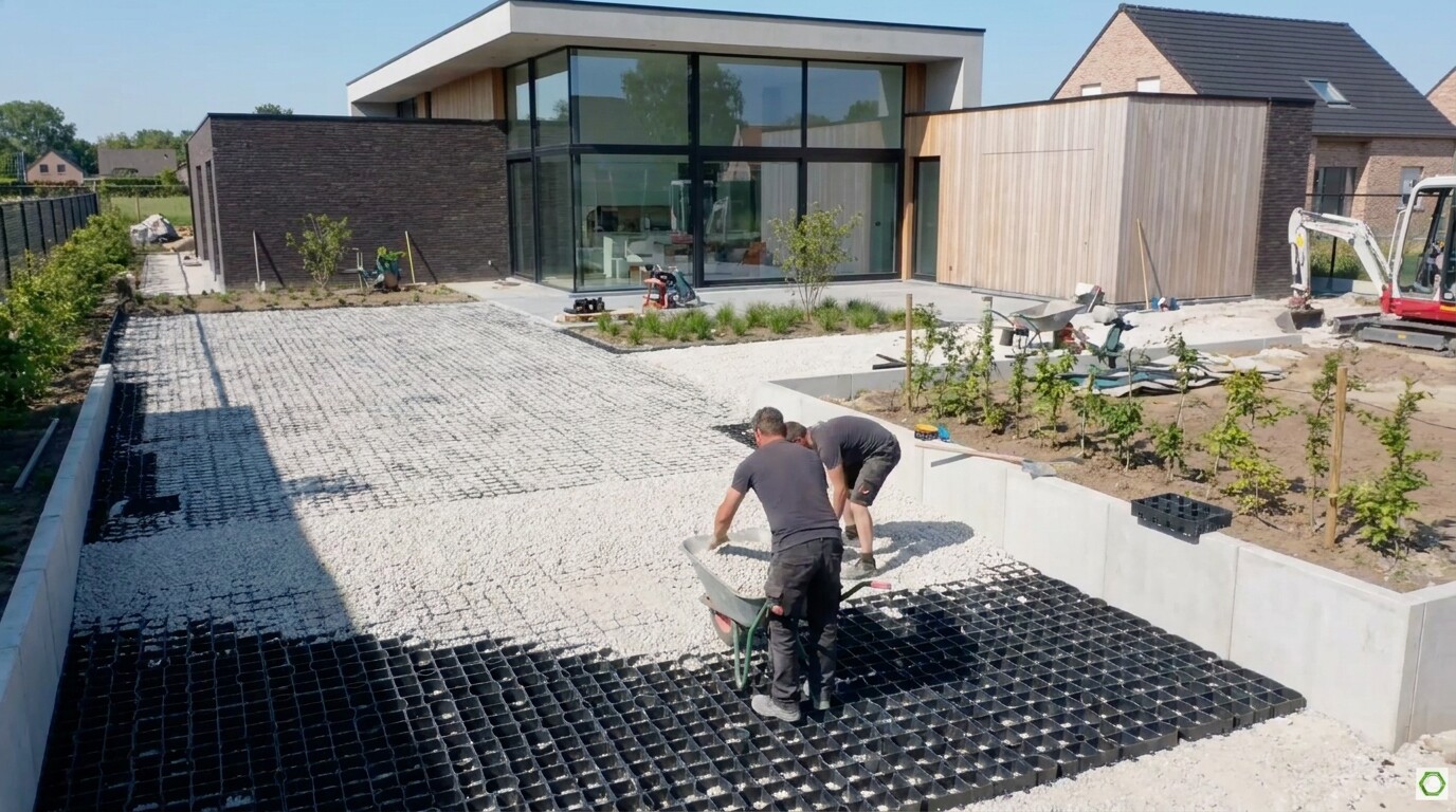 Worker kneeling on gravel, installing black ground grid outside a modern house
