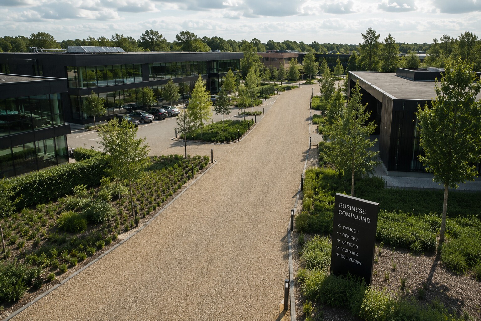 Aerial view of campus walkway lined with trees and modern buildings